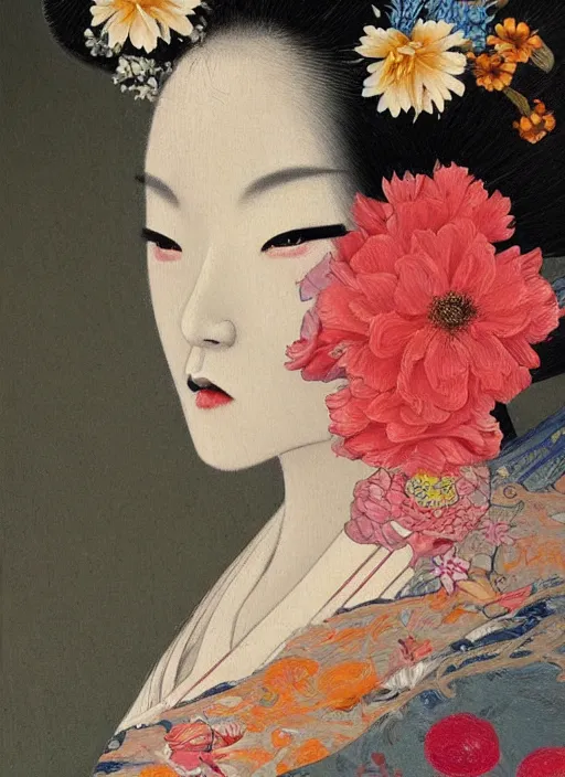 Prompt: detailed oil painting of geisha with flower grow out from the face, james jean, chogiseok, baroque, impressionism, cool temperature