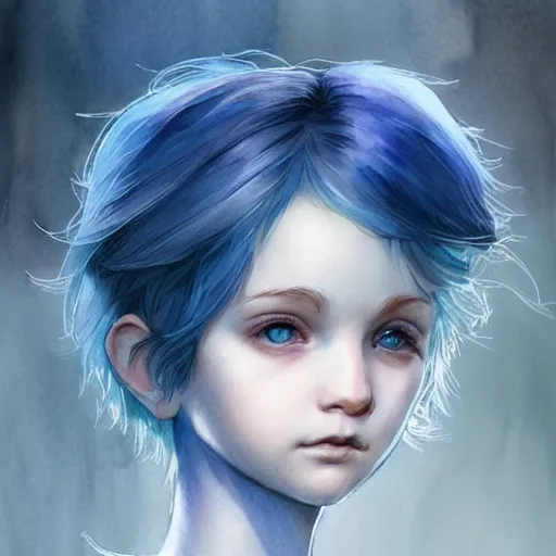 Prompt: child, young, blue hair, short hair, serious, intricate, ethereal, highly detailed, sharp focus, artstation, watercolor, by charlie bowater and ross tran