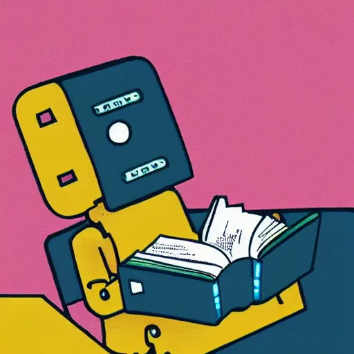 Prompt: robot reading a book, art by kurzgesagt