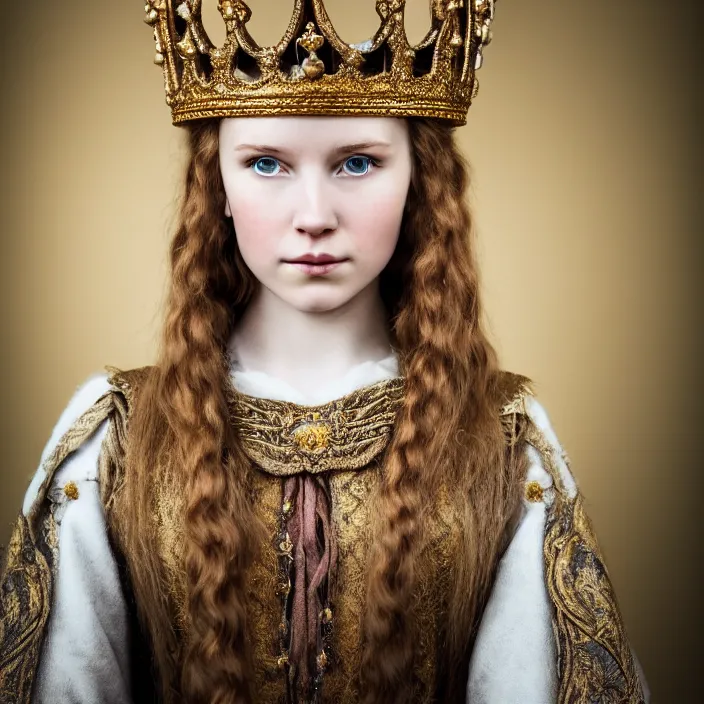 Image similar to portrait photograph of a real-life extremely beautiful!! young nordic queen with ornate cloak and crown, looking at the camera!!. Extremely detailed. 8k