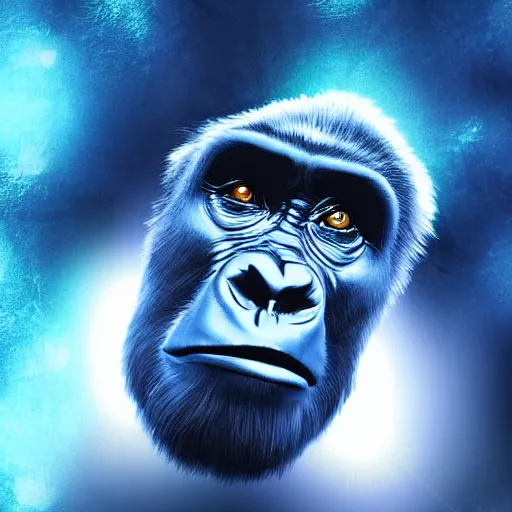 Prompt: a gorilla with iridescent translucent hair, floating, head looking up, digital art, ethereal, iridescent background