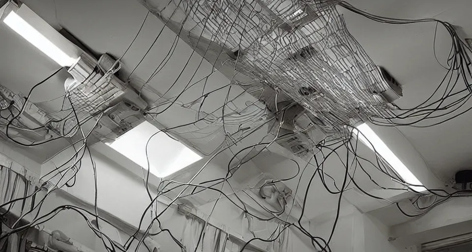 Image similar to a tangle of air ducts, cables and wiring in a small dysoptian flat, directed by terry gilliam