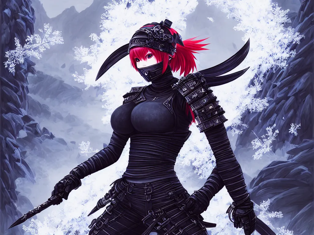 Prompt: portrait of female ninja gaiden momiji, metalic frost cyber ninja respirator, stormy snowy fiji mountain, incredibly beautiful, armored, highly detailed, digital painting, final fantasy, sharp focus, behance contest winner, ultrafine illustration, art by tan zi and ayanamikodon and alphonse mucha and wlop, frostbite engine