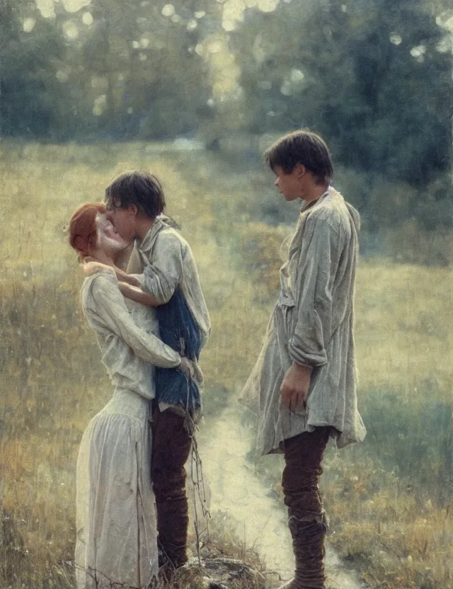 Prompt: peasant boy and girl first kiss, secretly on a village, Cinematic focus, Polaroid photo, vintage, neutral colors, soft lights, foggy, by Steve Hanks, by Serov Valentin, by lisa yuskavage, by Andrei Tarkovsky detailed, oil on canvas