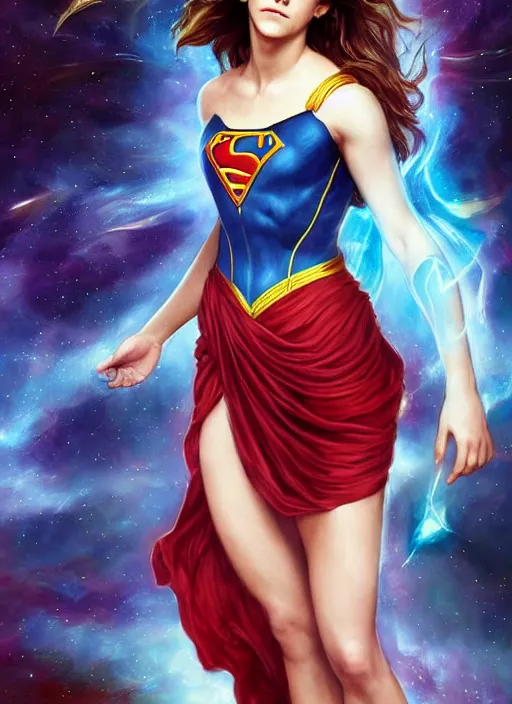 Image similar to emma watson as nature magic celestial, superwoman pose, long hair, soft red and blue transparent cloth, space, D&D, shiny background, intricate, elegant, highly detailed, digital painting, artstation, concept art, smooth, sharp focus, illustration, artgerm, bouguereau