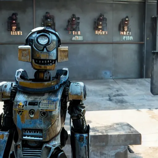 Prompt: film still from the movie chappie of the robot chappie