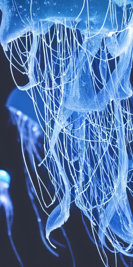 Prompt: at night, big blue jellyfish glowing in the night, very close detailed closeup, bokeh