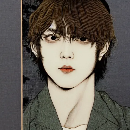 Prompt: portrait painting of taehyung at the cucumber soup party painted by takato yamamoto, high detail, smooth, elegant, clear, art,