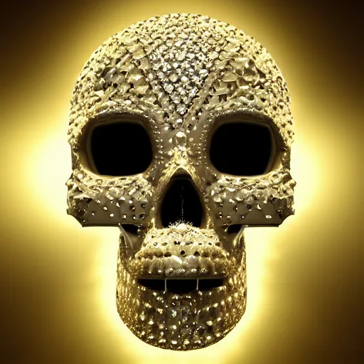 Image similar to an elegant diamond decorated skull, 8 k, cinematic lighting, soft render, symmetrical, insanely detailed, crisp, clarity, otherworldly, realistic, 8 k texture, hd, post processed, cleanup, photoshop