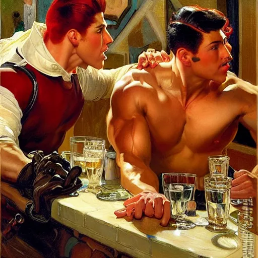 Image similar to drinking their hearts out, in a pub. attractive muscular male with red hair and attractive muscular male with black hair. pants, very defined painting by j. c. leyendecker, gaston bussiere, craig mullins 8 k