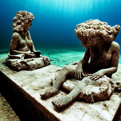 Image similar to underwater photograph of ancient greek statues sitting on a rotting couch on sea floor watching tv, elegant jellyfish, exploration, national geographic, volumetric lighting