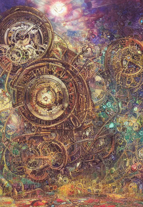 Image similar to simplicity, elegant, muscular eldritch clockwork, machinery, industry, radiating, colorful mandala, psychedelic, overgrown garden environment, by ryan stegman and esao andrews and maria sibylla merian eugene delacroix, gustave dore, thomas moran, pop art, street art, graffiti, saturated