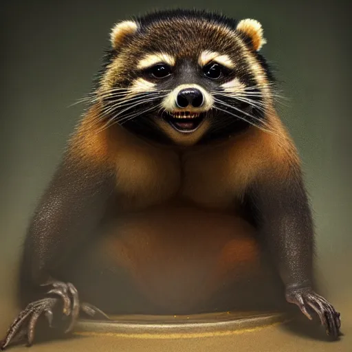 Image similar to ultra realistic horror photo of a dimly lit a tanuki as a sumo ringer, yokozuna, very intricate details, focus, full frame image, curvy, model pose, artwork by tooth wu and wlop and greg rutkowski, award winning