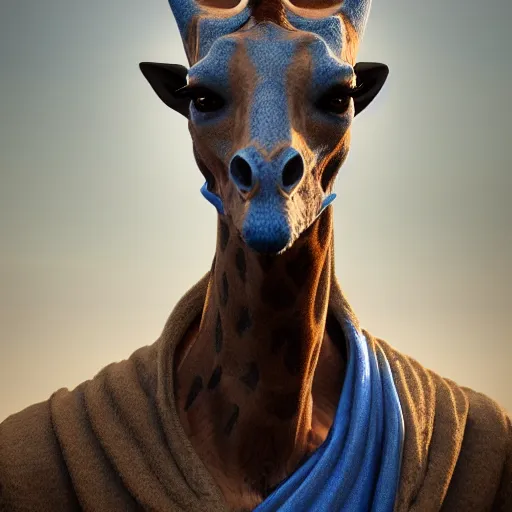 Image similar to a highly detailed portrait of a humanoid giraffe in a blue cloak, adventurer, artstation, deviantart, professional, unreal engine 5, octane render