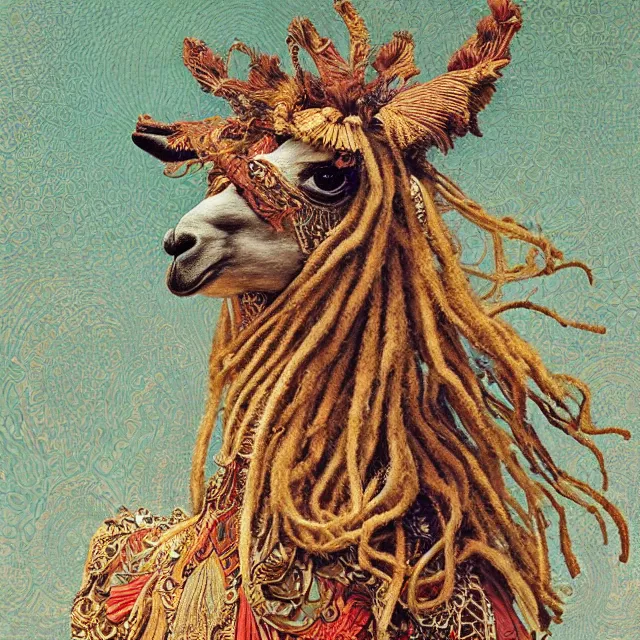 Image similar to llama with dreadlocks, detailed, by ernst haeckel, james jean, el anatsui, mandy jurgens, alphonse mucha, maxfield parrish