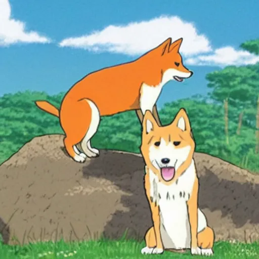 Prompt: Studio Ghibli shiba makes friends with a rock