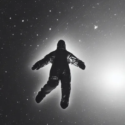 Image similar to mysterious man in silver space suit, walking on a small steel catwalk, suspended by nothing, floating in the darkness of space, with a black background, photograph, wide angle, long shot