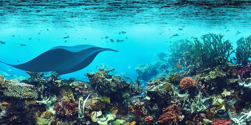 Prompt: hyperrealistic underwater photography, panoramic picture of an ocean floor with in the distance one single manta ray. focus on the manta ray. the manta ray is anatomically correct and highly detailed. the eyes are intricately detailed. there are lots of bubbles. seaweed and some rocks. gloomy scattered light entering from the water surface, trending on artstation, hq, 4 k