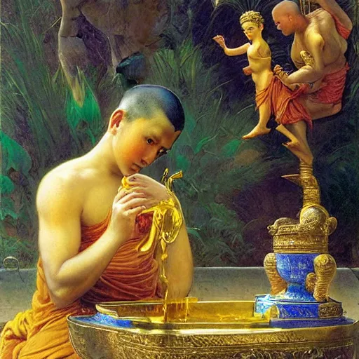 Image similar to highly cunning buddhist monk pouring liquid gold into monk kid head baroque style, painting by gaston bussiere, craig mullins, j. c. leyendecker, lights, art by ernst haeckel, john william godward, hammershøi,