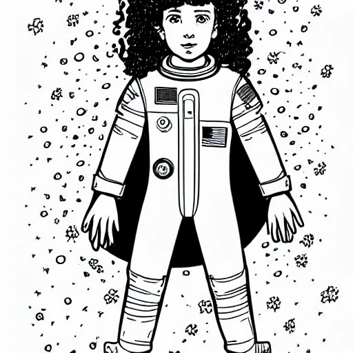 Prompt: clean simple line art of a little girl with long curly hair floating in space. she is an astronaut, wearing a space suit. white background. well composed, clean black and white line drawing, beautiful detailed face. illustration by charlie adlard