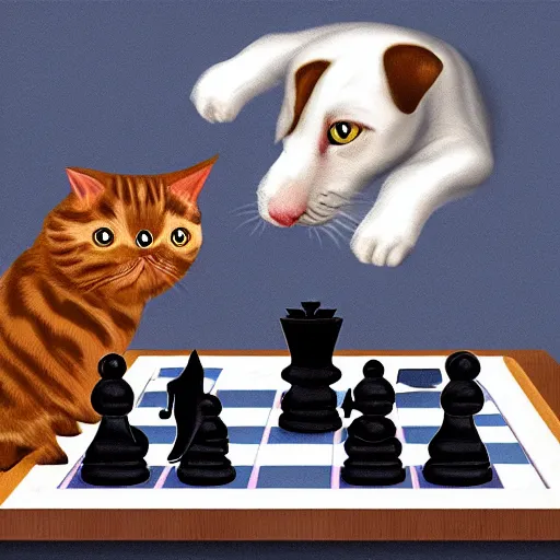 Image similar to a cat is playing the chess with a dog, digital art
