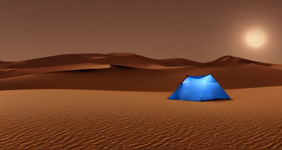 Image similar to hyper realistic matte painting of a small tent in the desert with dunes at night, blue color scheme, artstation