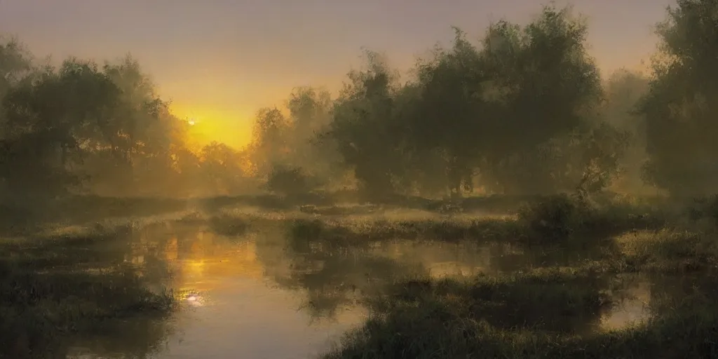 Prompt: the setting sun is two rods high on the bridge over the brook, light floss of mist curls half way up from the shadows of the willows. by craig mullins