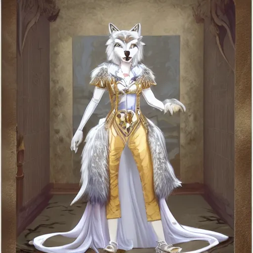 Image similar to commissioned full body portrait of a female anthro furry wolf-headed princess fursona with white hair wearing a white and gold chinese armored dress in a white and gold palace, by Wlop and jerry park, artstation, extremely detailed