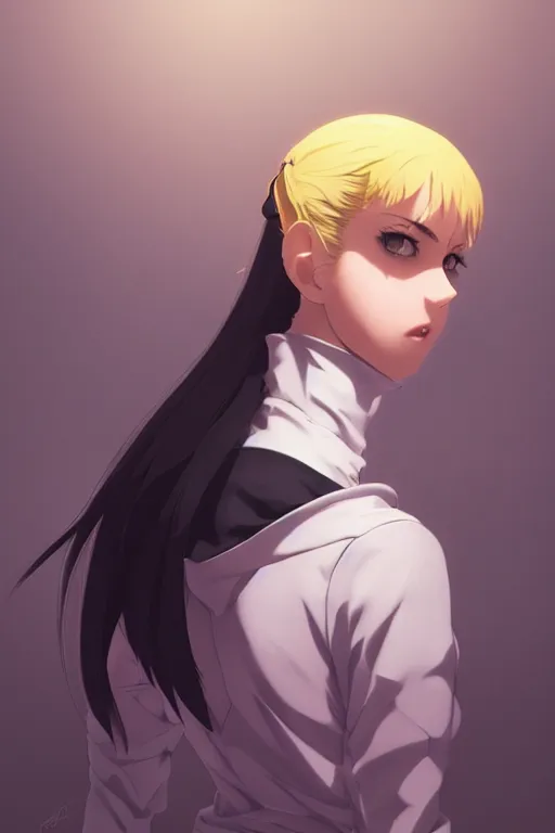 Image similar to black ponytail hair, pale woman in a black zipper jacket, yellow eyes, by artgerm, hair tied in a ponytail, white backdrop, soft lighting, night scene, by greg rutkowski makoto shinkai takashi takeuchi