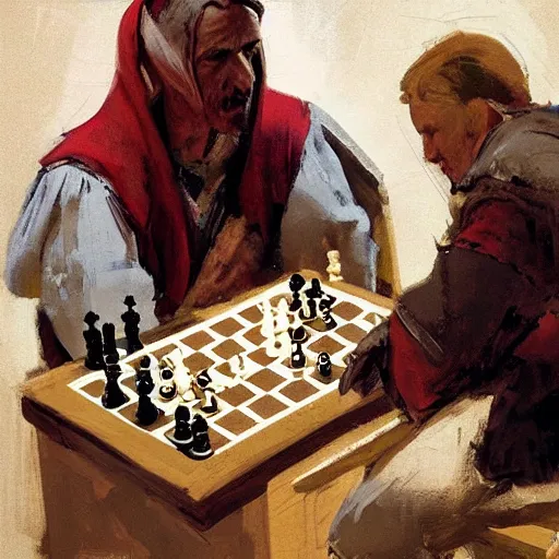 Image similar to portrait of man in medieval clothes playing chess, detailed by greg manchess, craig mullins, bernie fuchs, walter everett