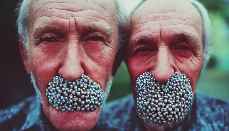 Prompt: 7 0 s movie still of a old man with trypophobia mouth, cinestill 8 0 0 t 3 5 mm, heavy grain, high quality, high detail