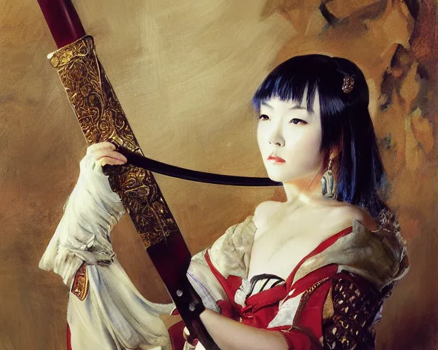 Image similar to a young japanese princess lady with white hair and bangs!!!!, posing with a sword killing an ox, white hair highly detailed painting by gaston bussiere, craig mullins, j. c. leyendecker 8 k