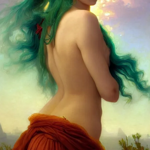 Prompt: a beautiful stunning interesting detailed fantasy whimsical matte digital portrait illustration of a mermaid with blue-green hair, yellow-orange and red-violet spectacular sunset, in the style of William Adolphe-Bouguereau and Marc Simonetti, magic the gathering, trending on artstation hq, contest winner