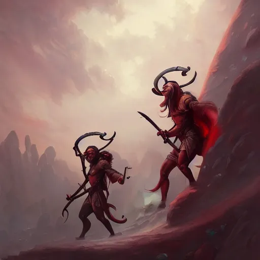 Image similar to tiefling dual wielding magical scimitars, detailed illustration by peter mohrbacher by marc simonetti on artstation, fantasy art