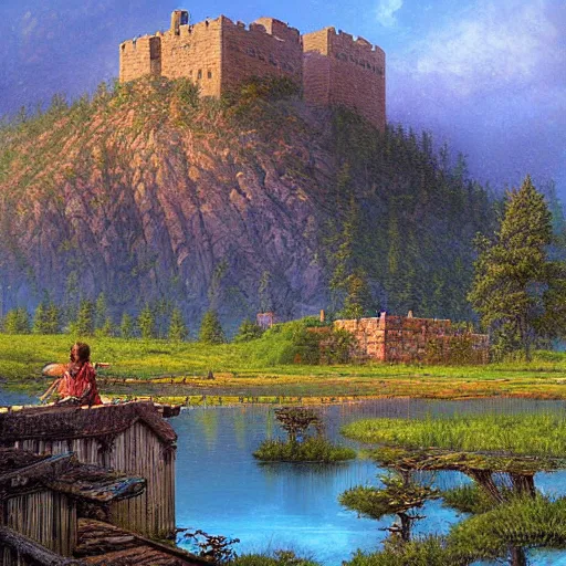 Image similar to fortress in the back country beside a lake, Darrell k sweet, digital art