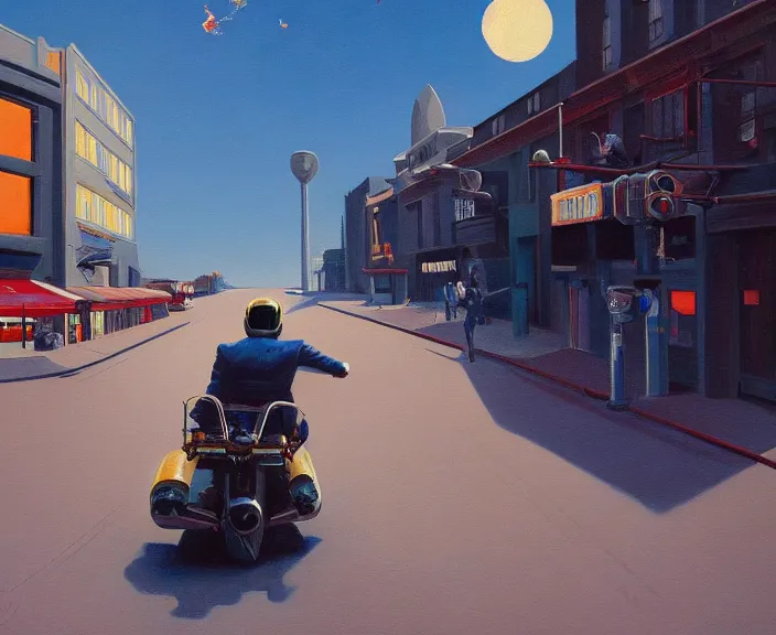 Image similar to a very detailed painting of a astronaut wearing a suit, riding a motorbike down a street, harley davidson motorbike, worm's - eye view, very fine brush strokes, very aesthetic, very futuristic, in the style of edward hopper and grant wood and syd mead, 4 k,