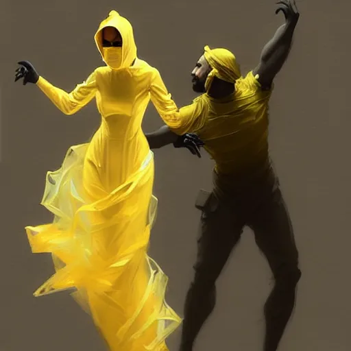 Prompt: a man in a yellow hazmat suit and a voluminous woman in a yellow organza dress both dancing, intricate, elegant, digital painting, concept art, smooth, sharp focus, illustration, from metal gear, by ruan jia and mandy jurgens and william - adolphe bouguereau, artgerm