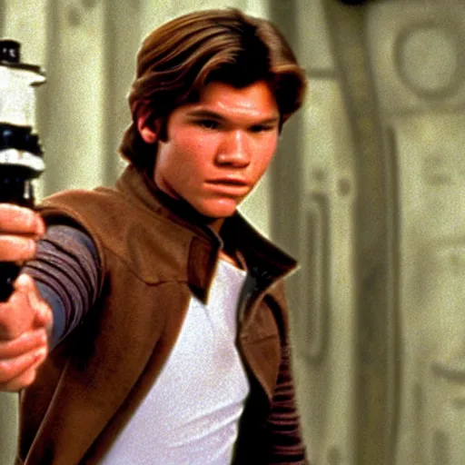 Image similar to A full color still from a film of a teenage Han Solo as a Jedi padawan holding a lightsaber hilt, from The Phantom Menace, directed by Steven Spielberg, 35mm 1990