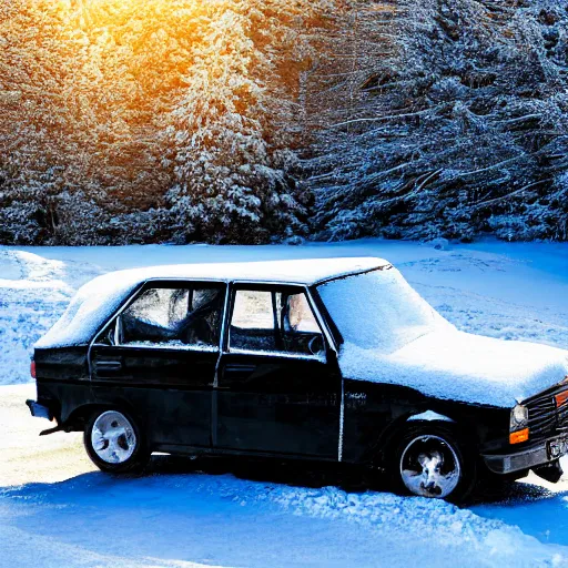 Image similar to a black lada in the snowy mountains, ptomotional photograph, natural, hdr, golden hour