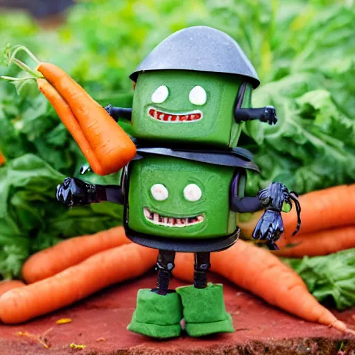 Image similar to little happy robot made of vegetables with big avocado hat and a carrot sword, made in abyss style