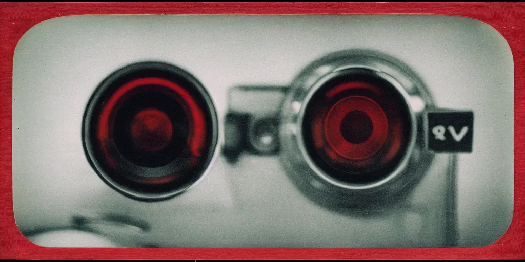 Prompt: analog vintage photography polaroid of a futuristic chrome camera lens, red color bleed, heavy film grain, bloom, glow