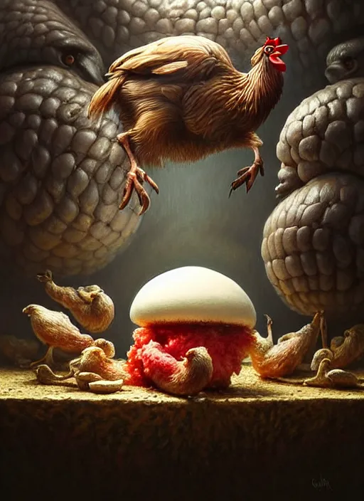 Image similar to a hyper - detailed 3 d render like a oil painting of the 🐔🍧🍼🍄🗿👤🎨, surrealism!!!!! surreal concept art, lifelike, photorealistic, digital painting, aesthetic, smooth, sharp focus, artstation hd, by greg rutkowski, chris tulloch mccabe, valentina remenar and asher duran,