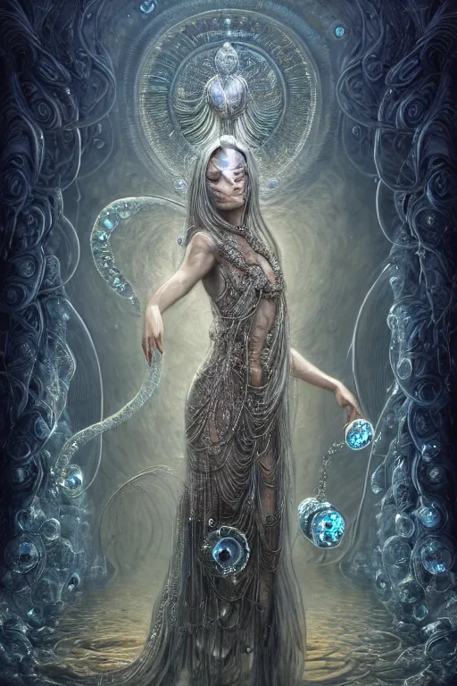 Image similar to a centered render of an alluring post apocalyptic goddess with wearing ornate silver and gemstones and crystal clothing surrounded by flowing liquid gallium jellyfish and sacred geometry, perfect body and face, gorgeous, cinematic, beautifully lit, by tomasz alen kopera and peter mohrbacher and craig mullins, 3 d, trending on artstation, octane render, 8 k