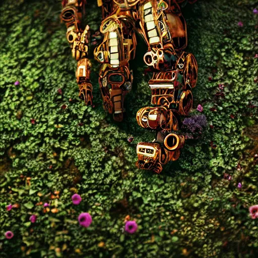 Image similar to beautiful overgrown foliage taking over an ( beautiful abandoned human - shaped robot body laying on the ground ), close - up, 3 5 mm, biopunk, bokeh, beautiful, lens flare, emotional, sweet, flowers, detailed, picture, trending on artstation, award - winning, shiny, golden, angle view, octane render