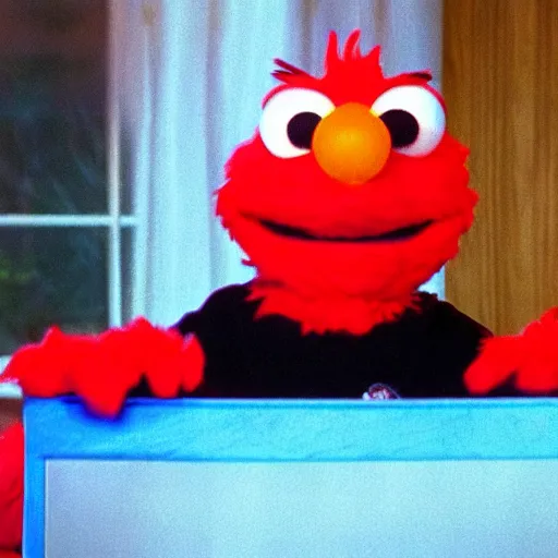 Image similar to Elmo sitting a table the room around him on fire, Elmo is calm thinking this is fine