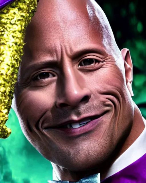 Image similar to Film still close-up shot of Dwayne Johnson as Willy Wonka from the movie Willy Wonka & The Chocolate Factory. Photographic, photography