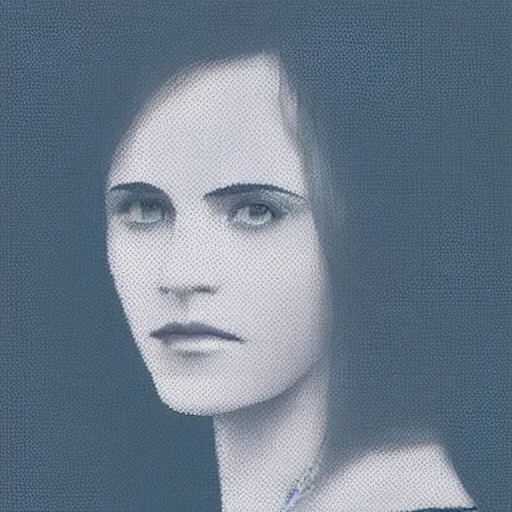 Image similar to portrait of emma watsons in the style of a dot matrix printer print out, art by greg rutkowski