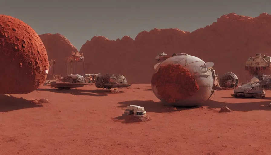 Image similar to craig mullins digital illustration of a moon base on a red desert planet, unreal engine, hyper realism, realistic shading, cinematic composition, realistic render, octane render, detailed textures, photorealistic, wide shot