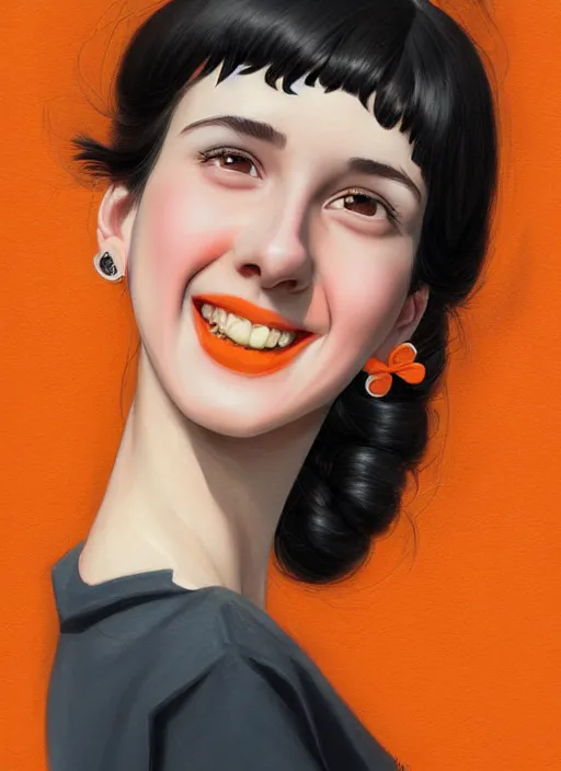 Image similar to portrait of high school girl, realistic, black hair, bangs, half updo hairstyle, pointy nose, skinny, smile, ugly, defined jawline, big chin, orange hair bow, earrings, intricate, elegant, riverdale, highly detailed, digital painting, artstation, sharp focus, illustration, art by wlop, mars ravelo and greg rutkowski