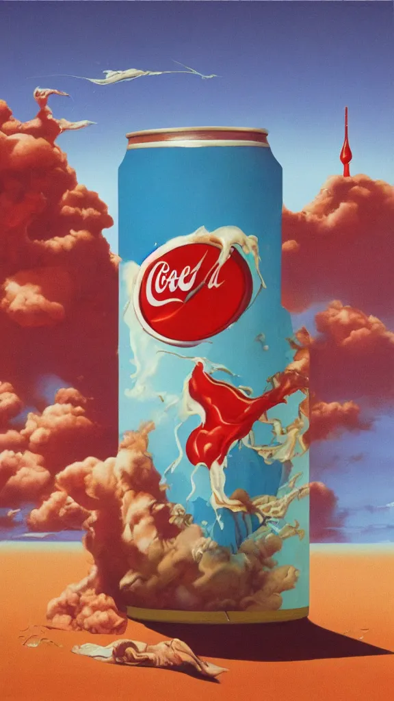 Prompt: 1 9 8 0 s airbrush surrealism illustration of a can of coke by roger dean